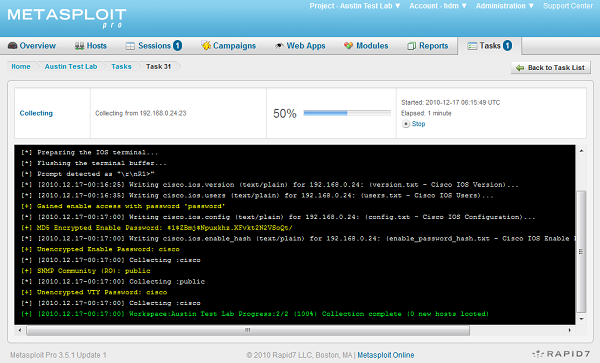 Metasploit пробует применять ранее найденные пароли из полученных конфигураций Cisco